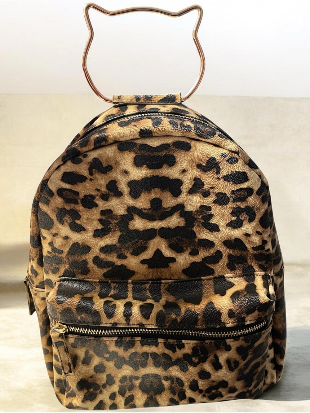 Leopard Print Mini Backpack with Cat-Handle Accent - Tan/Black